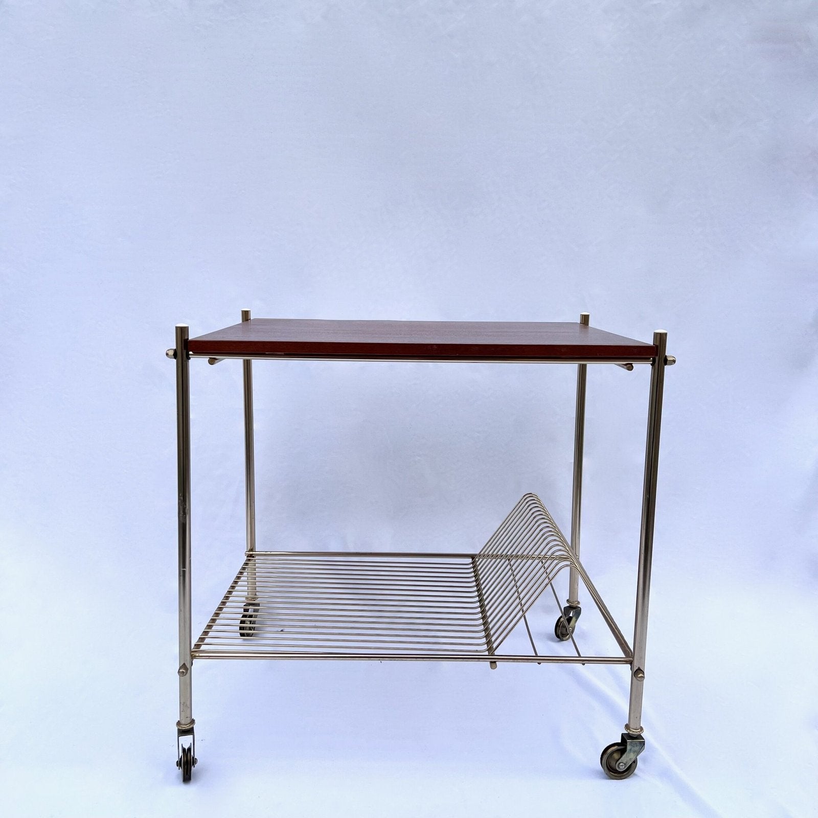 VINTAGE ROLLING CART, BRASS AND ACACIA, 1970