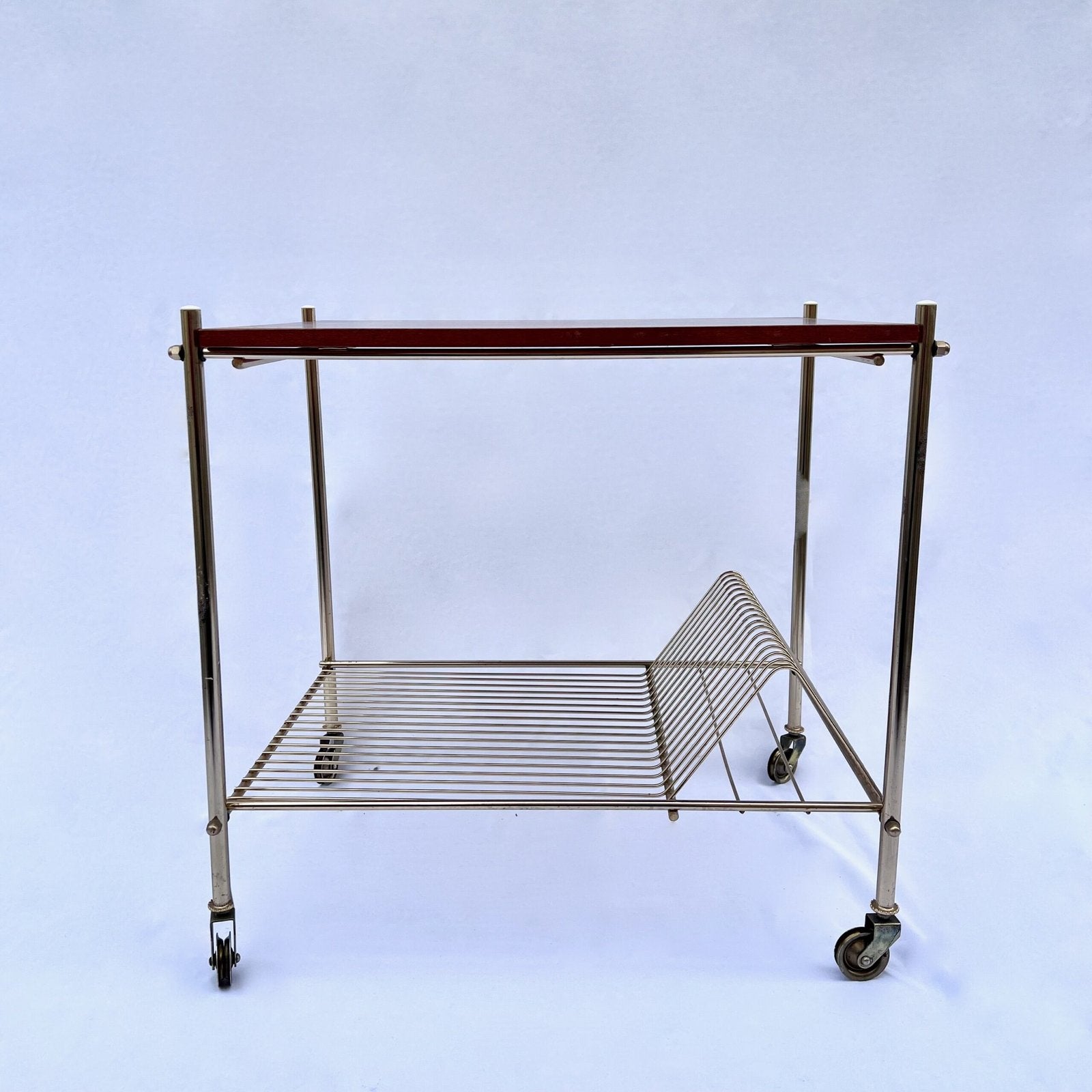VINTAGE ROLLING CART, BRASS AND ACACIA, 1970