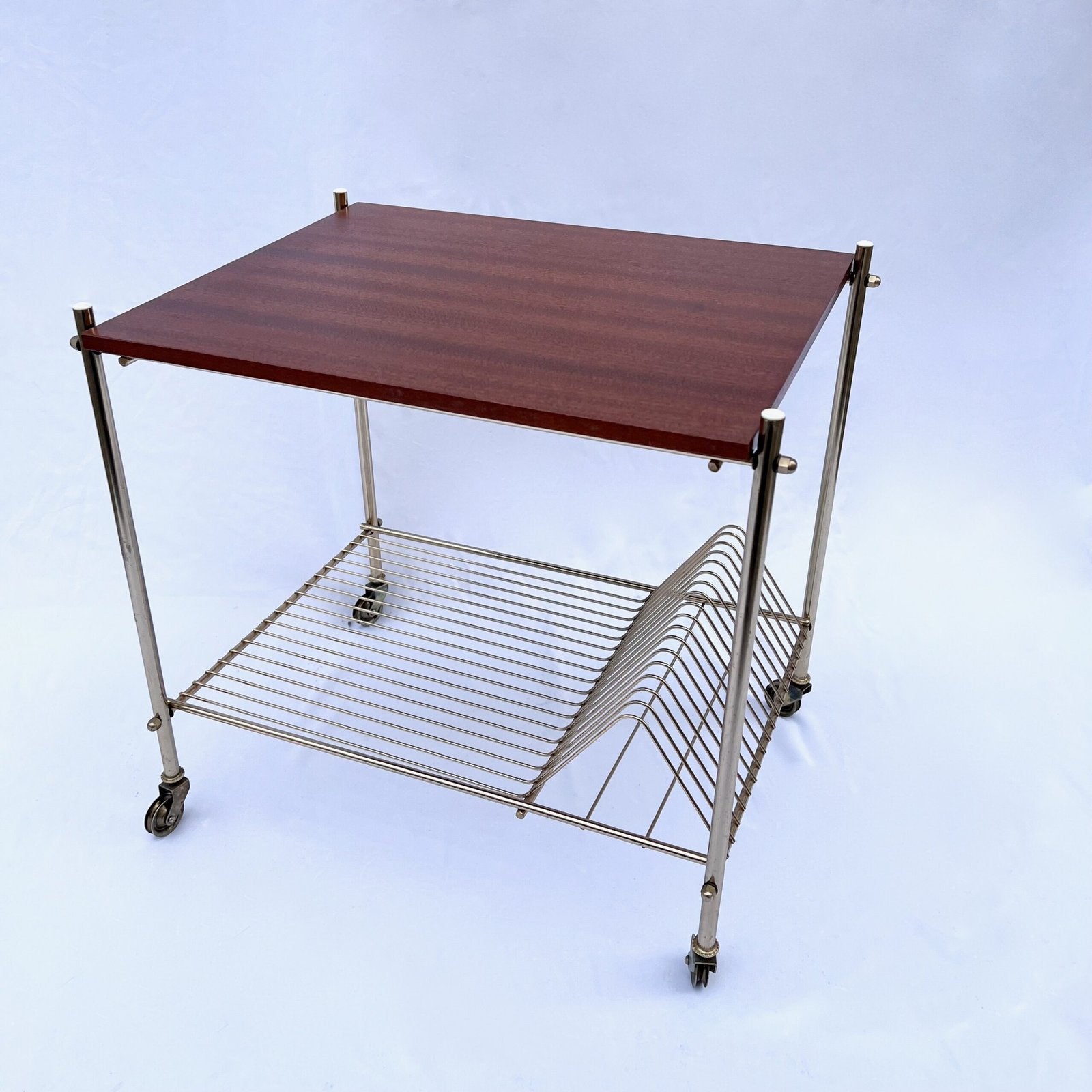 VINTAGE ROLLING CART, BRASS AND ACACIA, 1970