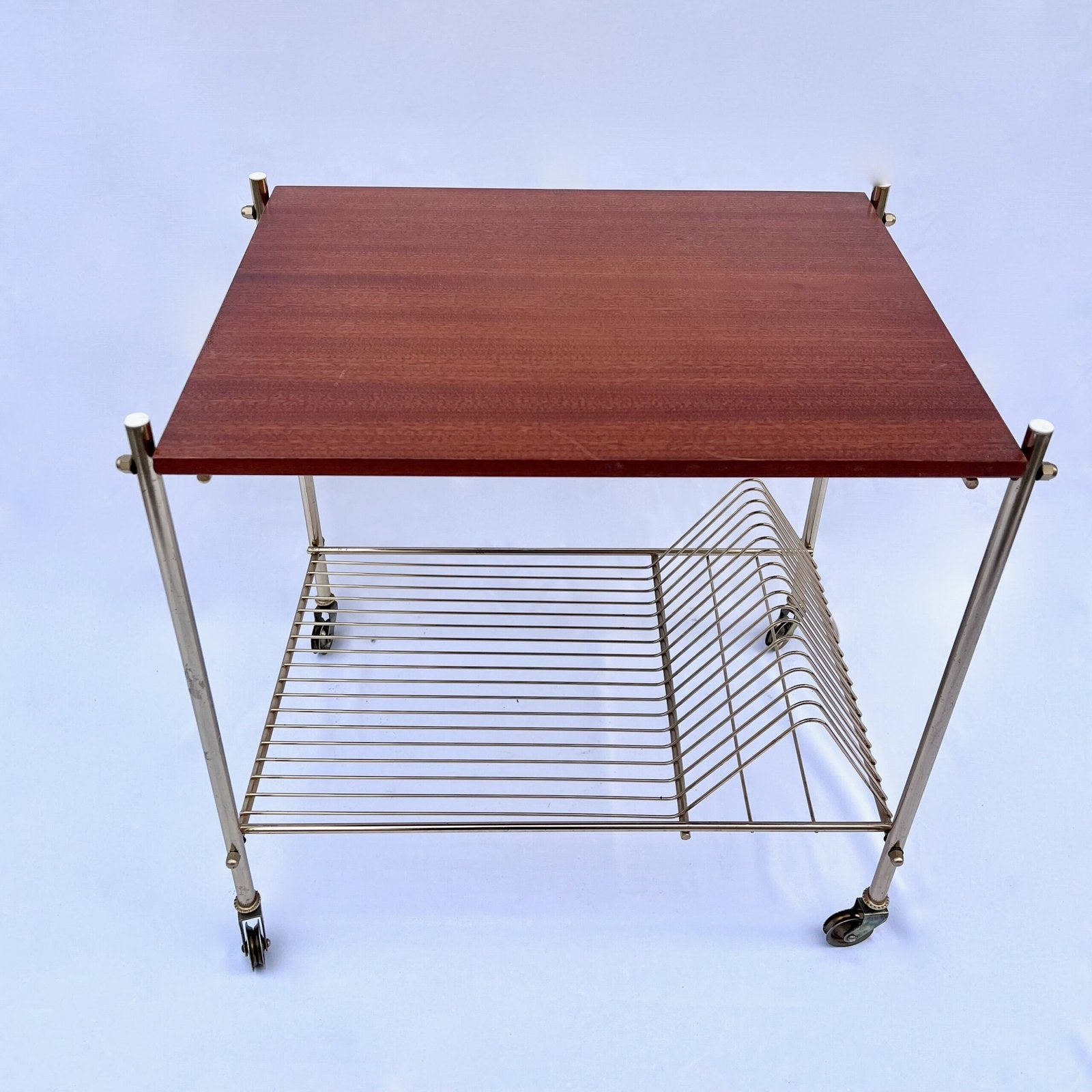 VINTAGE ROLLING CART, BRASS AND ACACIA, 1970