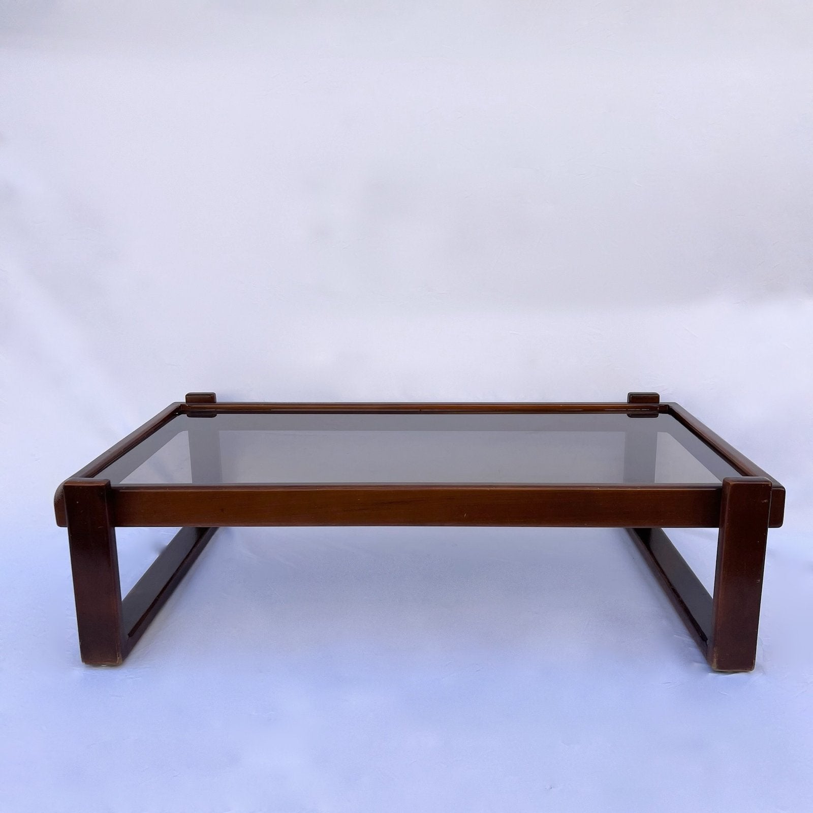 VINTAGE WOOD AND SMOKED GLASS COFFEE TABLE, 1970