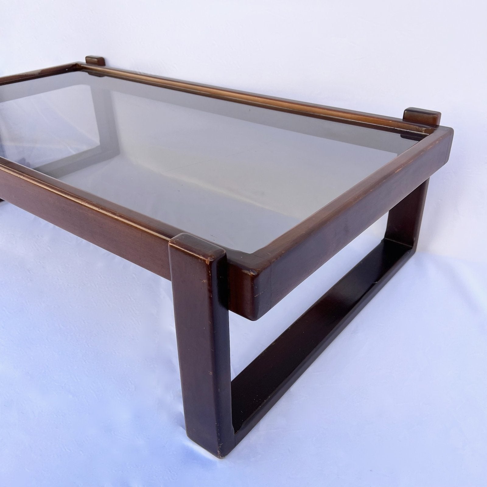 VINTAGE WOOD AND SMOKED GLASS COFFEE TABLE, 1970