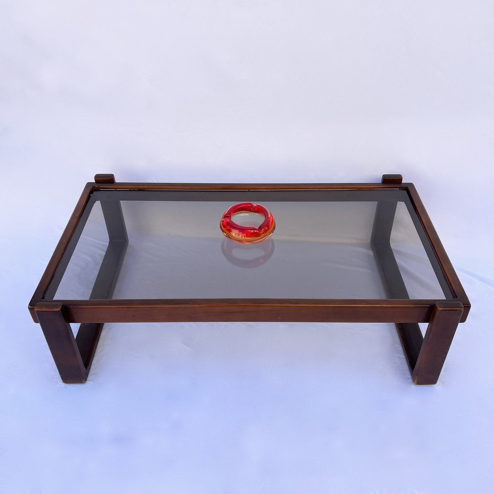 VINTAGE WOOD AND SMOKED GLASS COFFEE TABLE, 1970
