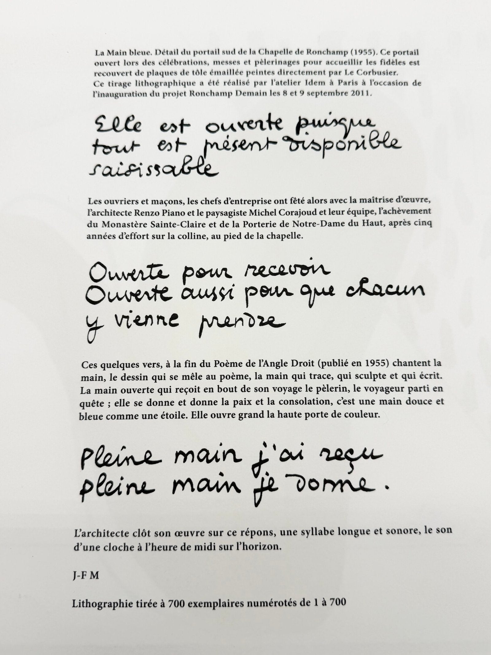 LA MAIN BLEUE — LITHOGRAPHIE D’APRÈS LE CORBUSIER (239/700 IDEM PARIS)