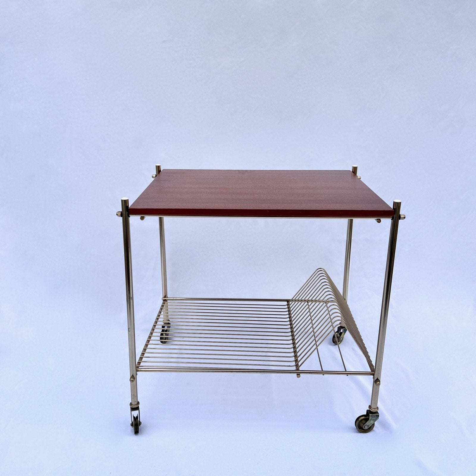 VINTAGE ROLLING CART, BRASS AND ACACIA, 1970