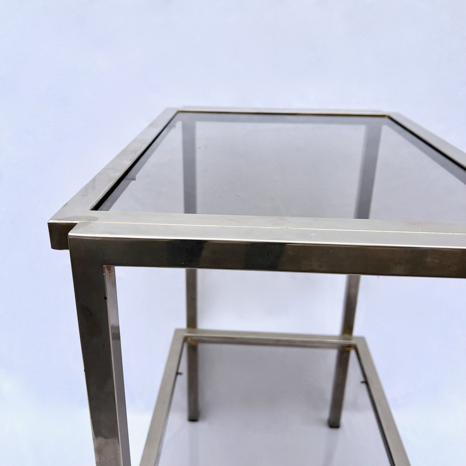 MODERNIST ACCENT TABLE, SMOKED GLASS & CHROME FRAME, 1970s