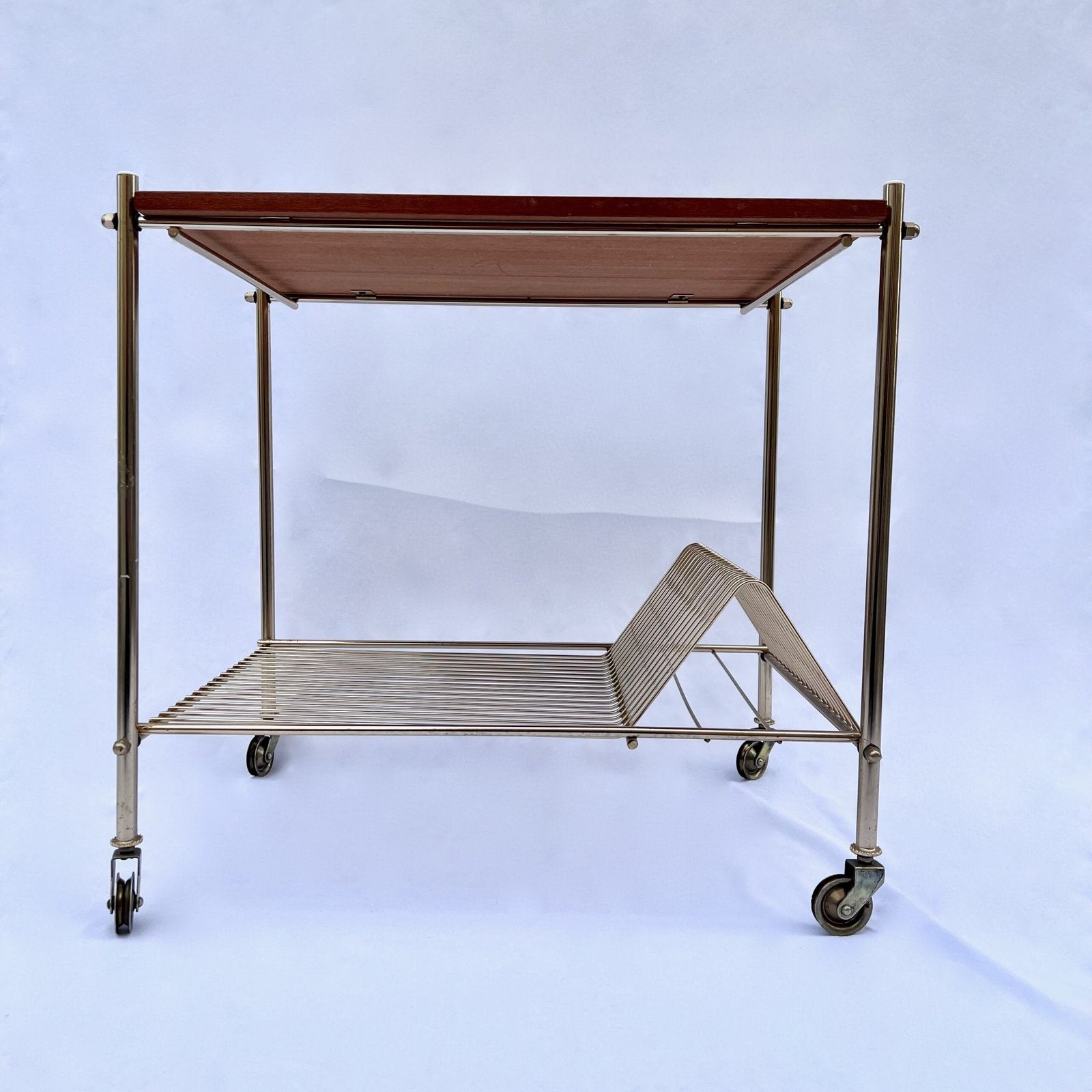 VINTAGE ROLLING CART, BRASS AND ACACIA, 1970