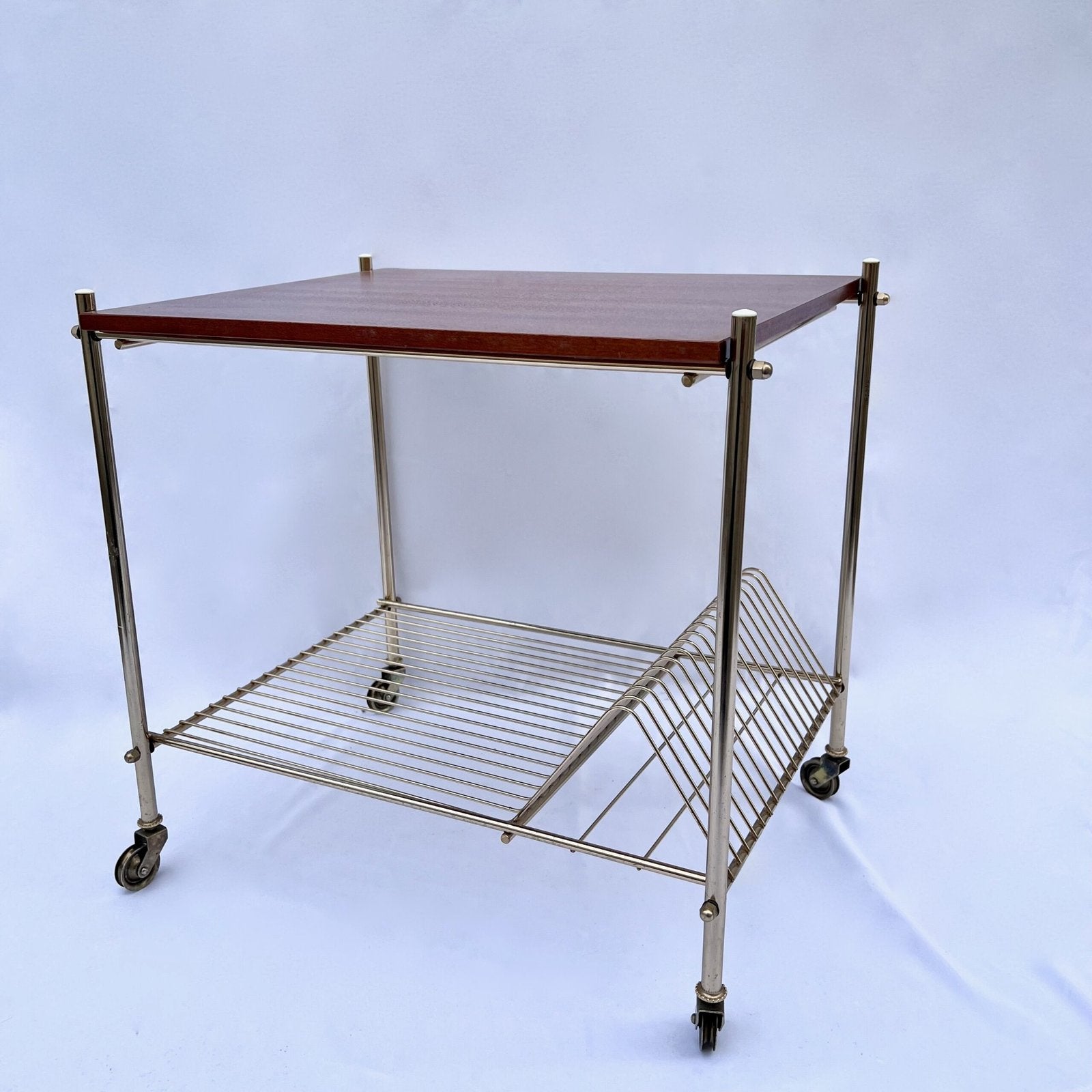VINTAGE ROLLING CART, BRASS AND ACACIA, 1970