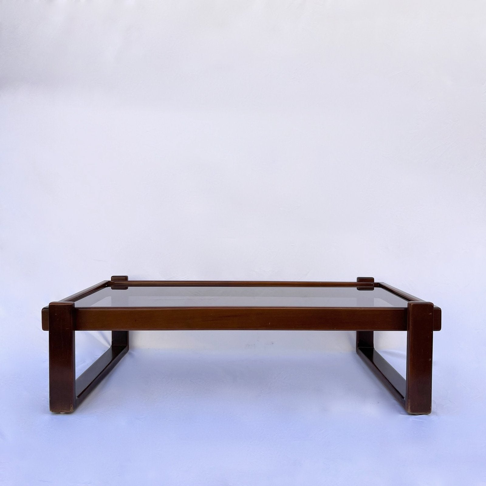 VINTAGE WOOD AND SMOKED GLASS COFFEE TABLE, 1970