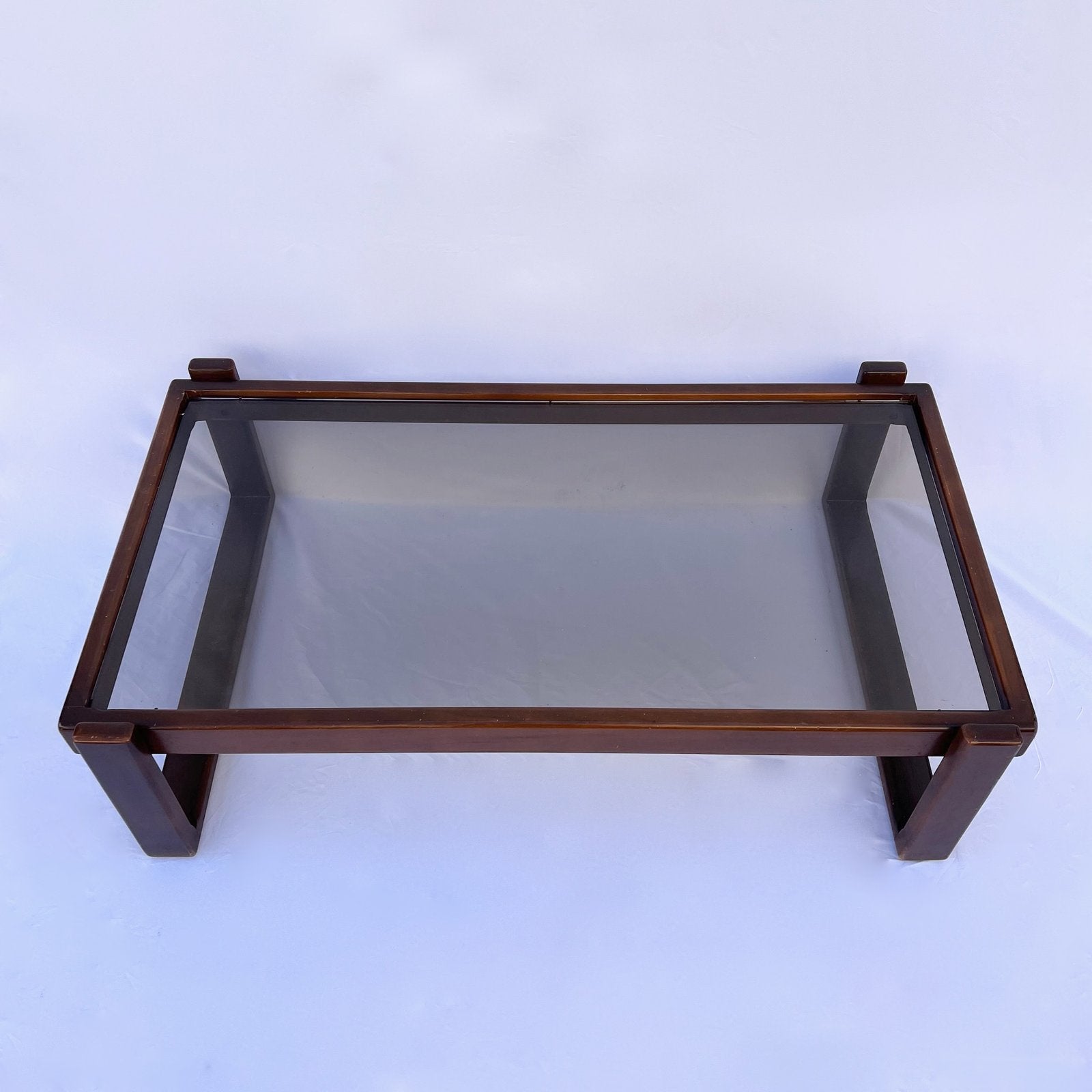 VINTAGE WOOD AND SMOKED GLASS COFFEE TABLE, 1970