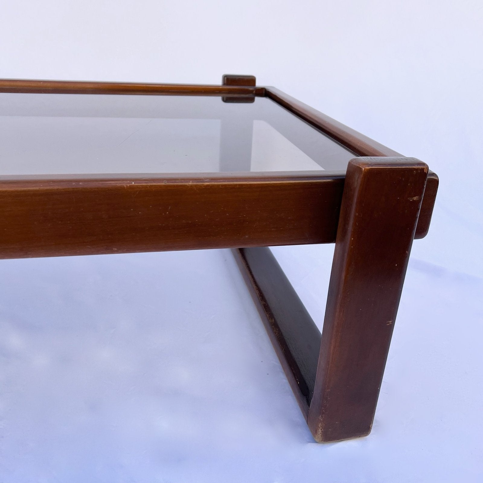 VINTAGE WOOD AND SMOKED GLASS COFFEE TABLE, 1970
