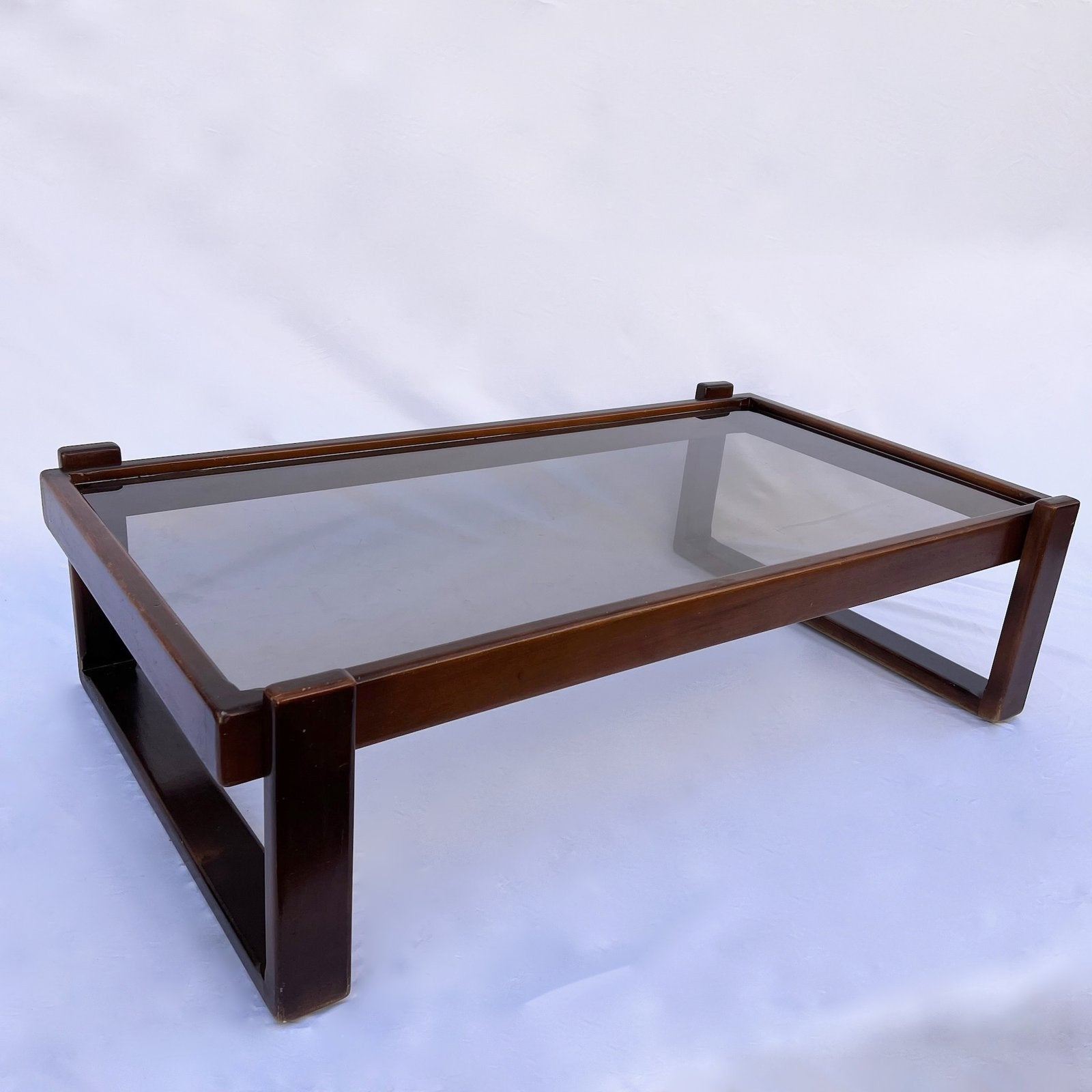 VINTAGE WOOD AND SMOKED GLASS COFFEE TABLE, 1970