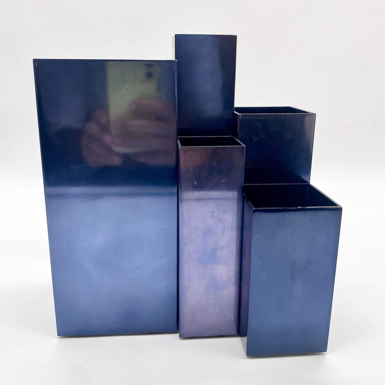 VASES MODULAIRES EN MÉTAL – BLEU PÉTROLE, 1980s