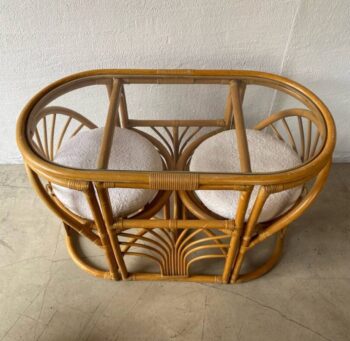 Ensemble petit déjeuner/tête à tête en rotin et bambou de style côtier. Circa 70 - Ensemble complet replié