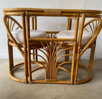 Ensemble petit déjeuner/tête à tête en rotin et bambou de style côtier. Circa 70 - Complet