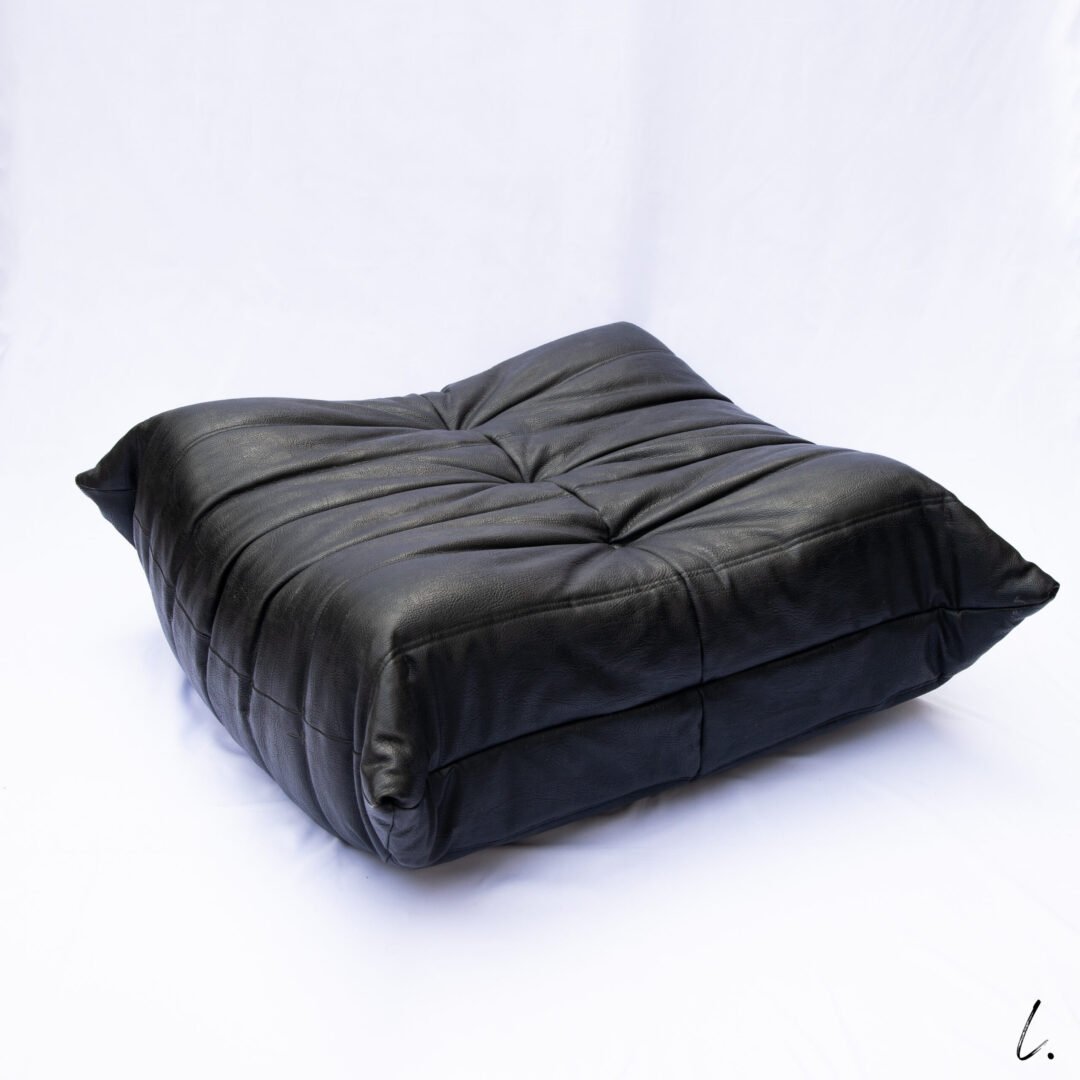 TOGO OTTOMAN IN BLACK LEATHER, LIGNE ROSET, 1980s
