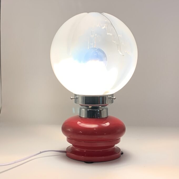 LAMPE DE TABLE ROUGE, CHROME & VERRE DE MURANO, 1970s