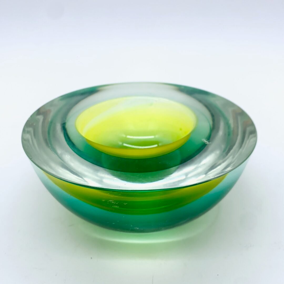 CENDRIER FLAVIO POLI, MURANO, VERT/JAUNE, SEGUSO, 1970