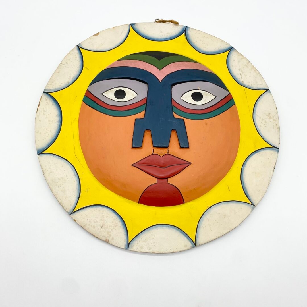 PANNEAU MURAL BOIS — "VISAGE SOLAIRE", 1970s